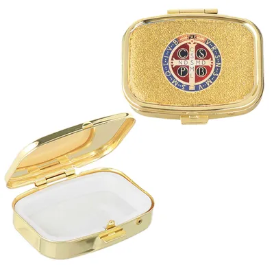 Produktbild von Hostiendose Benediktus Kreuz Gold – 5,5x4cm Rosenkranz Metalletui