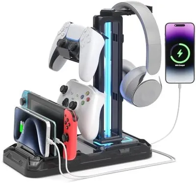 Produktbild von Headset Halterung Led mit Ladestation - PS5 Controller Halter & Kopfh?rer St?nder Tisch mit 9 Lichtmodi und 2 USB 1 Typ-C Anschlš¹ssen - Gaming Controller Halterung fš¹r PC Gaming Accessories