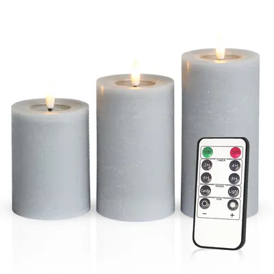 Image de Meisterhome® Lot de 3 bougies LED sans flamme Rustik avec minuterie gris velours Bougie ronde à télécommande Fonctionne avec des piles Blanc chaud Cire véritable Décoration