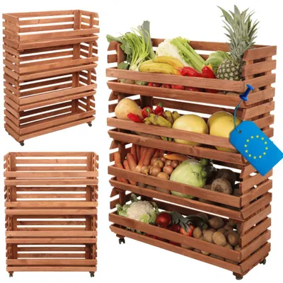 Produktbild von MODO24 Gemüseregal Holz, 4 Holzkisten, Kartoffelsteige, Obstregal, Rollenregal, Stapelbar, Vorratsregal, Massivholz Kiefer, 106x77x30 cm, Braun, RAWA
