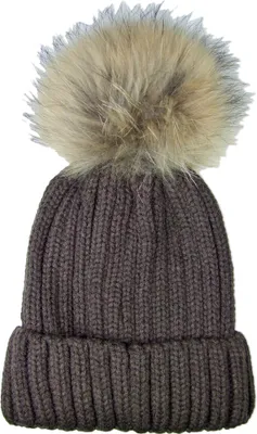 Produktbild von Damen Beanie Strickmütze mit Fellbommel - Dunkelbraun