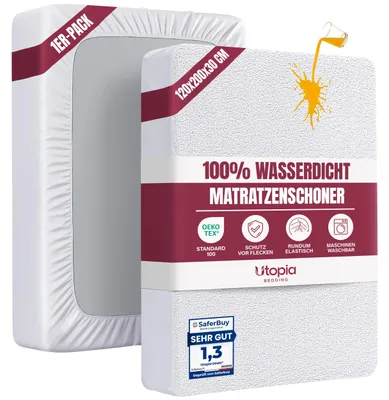 Productafbeelding van Utopia Bedding Matrasbeschermer, 120 x 200 x 30 cm, waterdicht, gecertificeerd volgens . Ademende matrasbeschermer, rondom elastisch, wit