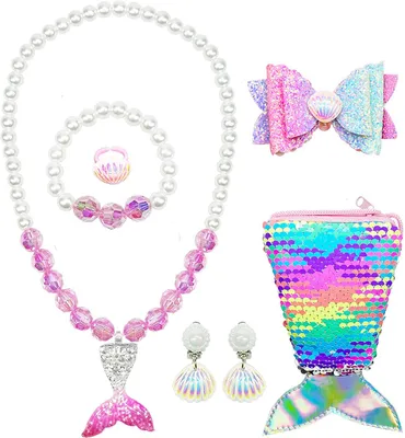 Produktbild von Kleine Mädchen Schmucksets, Kinderschmuck Mädchen 7Pcs Meerjungfrau Handtasche mit Halskette, Ringe, Armbänder, Haarspange für Kinder Spielzeug Geschenke ab 3 4 5 6 7 8 Jahre Mädchen