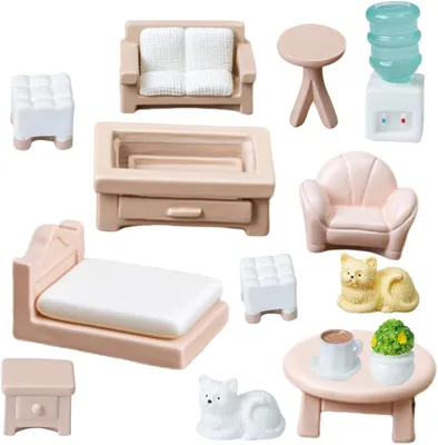 Imagen del producto de Juego de muebles para casa de muñecas, de 14 piezas, de madera, de colores variados, para niños a partir de 3 años
