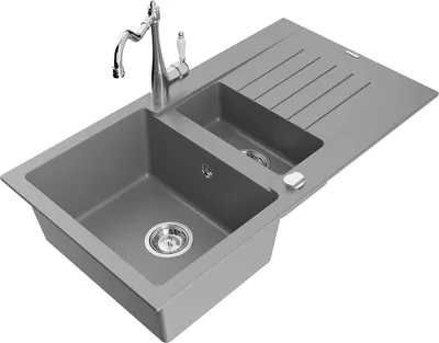 Produktbild von Mexen Matias 1,5-Becken-Granitspüle mit Abtropffläche und Mischbatterie Carla, Grau - 6502-71-670700-00