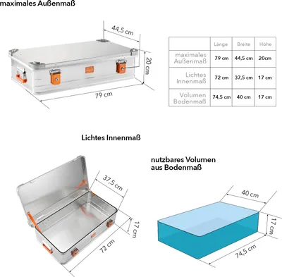 Produktbild von ALUBOX flache stapelbare Kiste 20,5cm hoch Alu mit Dichtungsring- passt auf die E92 - Stapelecken - abschließbar leicht - 50 Liter