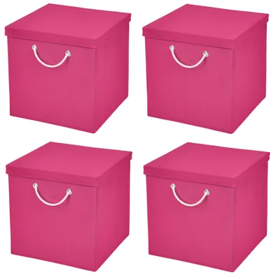 Produktbild von 4 Stück Pink Faltbox 30 x 30 x 30 cm Aufbewahrungsbox faltbar mit Kordel und mit Deckel