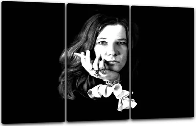 Produktbild von Leinwandbild 3-teilig (120x80cm): Janis Joplin Rock-Legende Rockstar schwarz weiss Portrait, echter Holz-Keilrahmen inkl. Aufhänger, handgefertigt in Deutschland