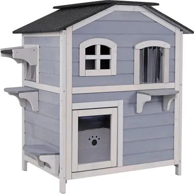 Immagine prodotto di lionto cat villa, casetta in legno a due piani per interni ed esterni, con tetto incernierato e frangivento, grigio-bianco