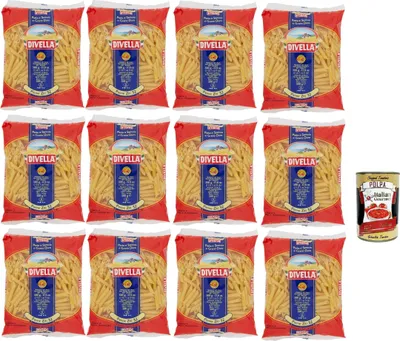 Produktbild von Divella Pasta 100% Italienisch Penne Ziti n. 32, Nudeln aus Hartweizengrieß, Kochen 8 Minuten 12x 500g + Italian Gourmet polpa 400g