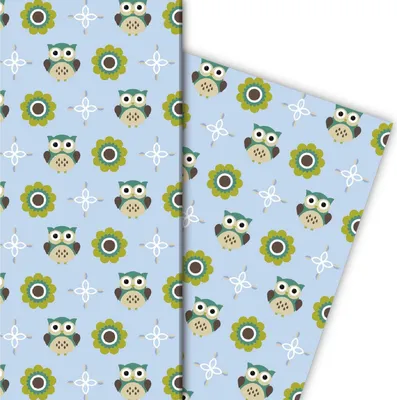 Produktbild von Süßes Geschenkpapier mit Eulen, hellblau - G4841, 32 x 48cm