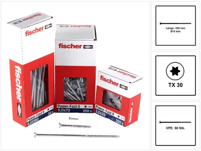 Produktbild von fischer Spanplattenschraube PowerFast, FPF II CTP 6,0 x 200 BC 50 Senkkopf mit Innenstern TX Teilgewinde galvanisch verzinkt, blau passiviert, 50 Stück