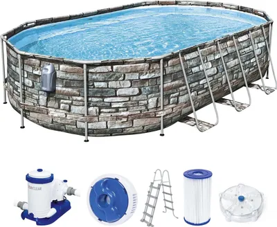 Produktbild von Bestway® Power Steel™ Comfort Jet Series™ Frame Pool-Set mit Filterpumpe 610 x 366 x 122 cm, Steinwand-Optik (Naturstein), oval