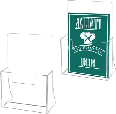 Zdjęcie produktu dla Uchwyt na broszury A5 - Stojak na ulotki z akrylu - Do prezentacji - Samodzielna konstrukcja, pochylona - 2 sztuki - Przezroczysty