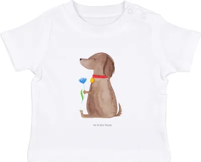 Produktbild von Mr. & Mrs. Panda Babyshirt Hund Blume 12. - 18. Monat - Weiß - Geschenk, T-Shirt Baby, , Süß, Kleinkind, Halsband, Organic Shirt, Hunde, Baumwollshirt, Sprüche