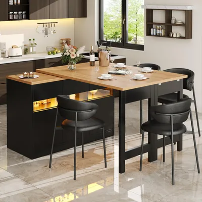 Image de OKWISH Table de Bar Extensible avec Fonction Rotative 360° et Éclairage LED, Plateau en MDF - 120–180 x 40 x 71,5 cm - Noir