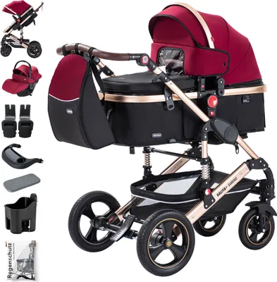 Produktbild von Daliya® BAMBIMO 3in1 Kinderwagen mit i-Size Babyschale, Gummi-Rädern & Aluminiumrahmen, Travel-System mit 2in1-Babywanne/Sportsitz, Kombi-Kinderwagen