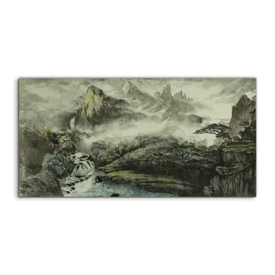 Produktbild von Coloray Canvas 120x60 Wandbild Leinwand Bilder Chinesische Berge ein Wasserfall Haus