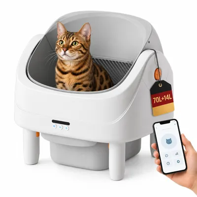 Produktbild von 70L Selbstreinigende Katzentoilette, App & 8 Sensoren, Geruchskontrolle, leise, offen, für Mehrkatzen, 1,5-20kg, 14L Abfallbehälter