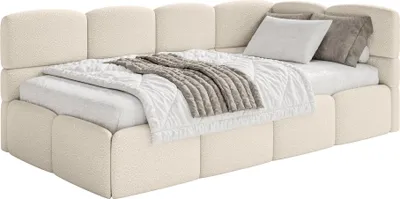 Obrázek produktu pro Selsey Cloudy – dětská postel 120 cm, úložný prostor, bouclé, čelo vpravo, světle béžová
