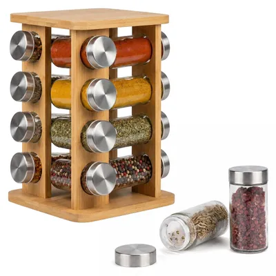 Produktbild von Relaxdays Gewürzkarussell, 16 Gewürzgläser, 360° drehbarer Gewürzständer, HBT: 27x17x17 cm, Bambus, Gewürzregal, natur