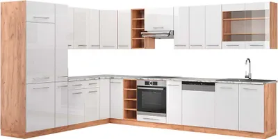 Produktbild von Eckküche Vicco Fame-Line Weiß Hochglanz/Goldkraft Eiche 347 x 257 cm, AP Marmor, Model 47334