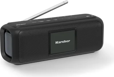 A black Karcher DAB radio with a silver antenna and a small screen displaying the Karcher logo.