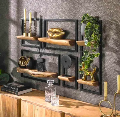 Produktbild von 5-teiliges Wandregal Set Akazienholz Naturkante Baumkante Schweberegal Wandboard für Wohnzimmer & Dekoration