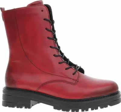 A red leather boot on a white background.