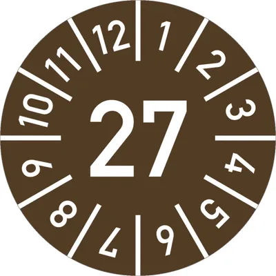 Produktbild von Dreifke® Prüfplakette Jahr 27 mit Monaten, braun, Folie, Ø 25 mm, 10 St./Bo.