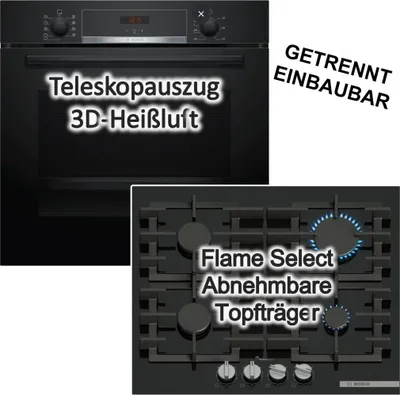 Produktbild von Bosch Herdset Backofen 71L Gas Kochfeld 60cm schwarz 3D Heißluft Hydrolyse Flame Select