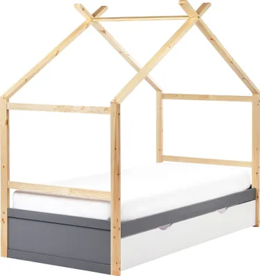 Obrázek produktu pro BELIANI Dětská postel přírodní šedá bílá borovicové dřevo 90 x 200 cm tvar domku jednolůžko pro děti s úložnou zásuvkou lamelový rám postele