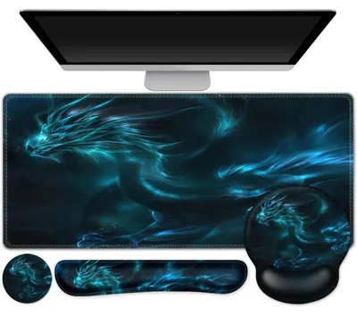 Immagine prodotto di Set da scrivania 4-in-1: tappetino per mouse con poggiapolsi in gel, sottotastiera e protezione per scrivania. Design ergonomico, motivo drago