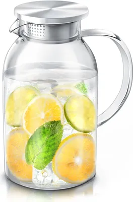 Produktbild von Arendo Karaffe, Glaskaraffe mit Deckel aus lebensmittelechtem Edelstahl, Borosilikatglas, 2300 ml, Sieb, hitze- und kältebeständig, BPA-frei