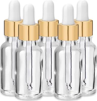 Produktbild von x5 Glasflasche klar 20 ml mit goldener Aluminiumpipette Tropfpipette