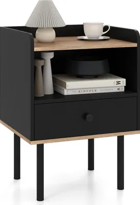 A black nightstand with a wooden shelf, drawer, and metal legs, displayed against a white background.
