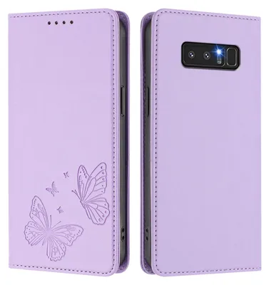Image de Étui en cuir pour Samsung Galaxy Note 8, motif papillon en relief, étui portefeuille à rabat avec support, violet clair