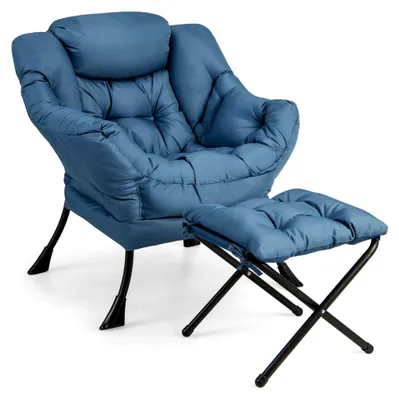 Produktbild von Gepolsterter Relaxsessel mit Hocker, Ohrensessel mit Armlehnen und Kopfkissen, Lesesessel mit Seitentasche, belastbar bis 150 kg, Fernsehsessel für Wohnzimmer, Schlafzimmer und Büro (Blau)