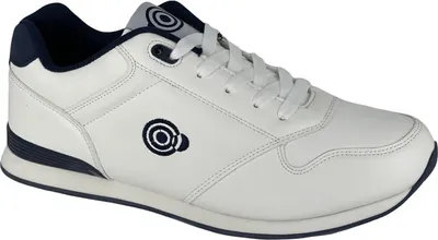 A single white sneaker with navy blue accents is shown against a white background.