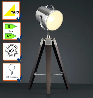 Produktbild von Trio Leuchten - Industrie I Vintage I Industriestil runde Tischlampe Strahler schwarz mit Stativ - Antwerp I Wohnzimmer I Schlafzimmer - Holz Rund - LED geeignet E14