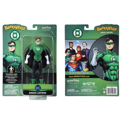 The image shows the front and back packaging of a Green Lantern Bendyfigs action figure.
