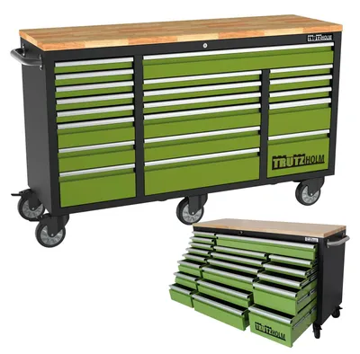 Produktbild von Werkstattwagen Deluxe XXL 163 x 97 cm mit Gummibaumholz-Arbeitsplatte, 20 Schubladen, unbestückt