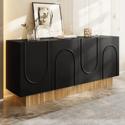 Image de OKWISH Buffet Moderne Meuble d’Entrée avec 4 Portes et Compartiments Multiples, Panneaux de Particules, 160x38x75 cm - Noir Bois