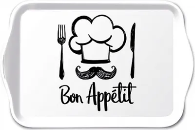 Produktbild von Tablett Melamin 21x13cm mit Bon Appétit Motiv Weiß / Schwarz