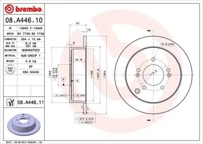 Produktbild von 2x BREMBO Bremsscheibe 08.A446.10 für HYUNDAI ix35 (LM EL ELH) 61mm 284mm