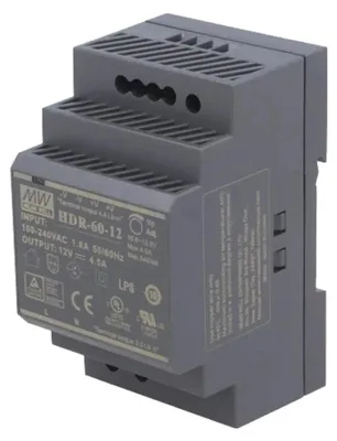 Zdjęcie produktu dla MEAN WELL HDR-60-12, 85 - 264 V, 60 W, 12 V, 4,5 A, RoHS, 52,5 mm