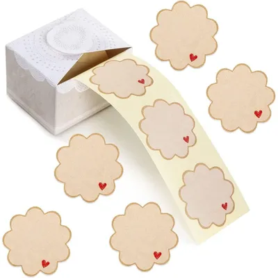Produktbild von 200 Etiketten auf Rolle blanko Button Blume mit Herz - 5 cm braun zum Beschriften