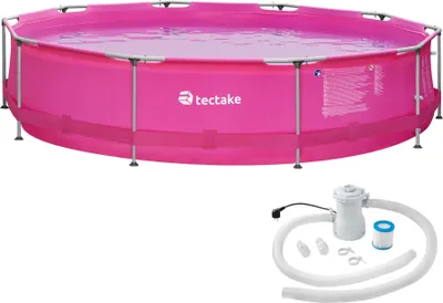 A pink swimming pool with a filter pump accessory.