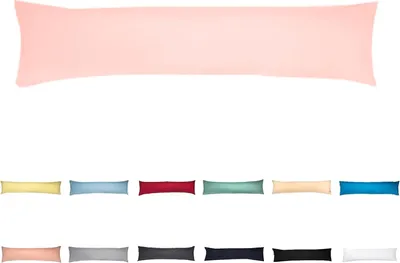 A collection of body pillow covers in various colors, with one large pink cover at the top and several smaller ones arranged below.
