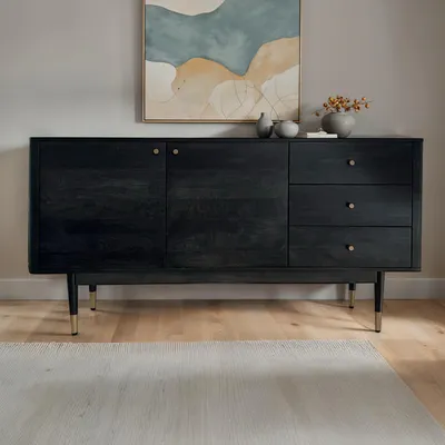 Image de FineBuy Sideboard Acacia Massif 160 cm 2 portes & 3 tiroirs - Commode Rétro Massive en noir - Design Naturel Buffet - Handdustrial